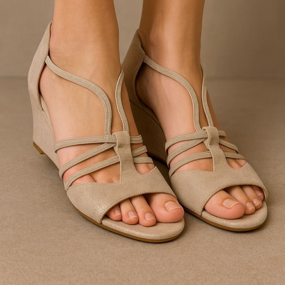 Taryn Rose Beige Wedge Sandals 9.5M Made in Spain Stretch Straps leather sole